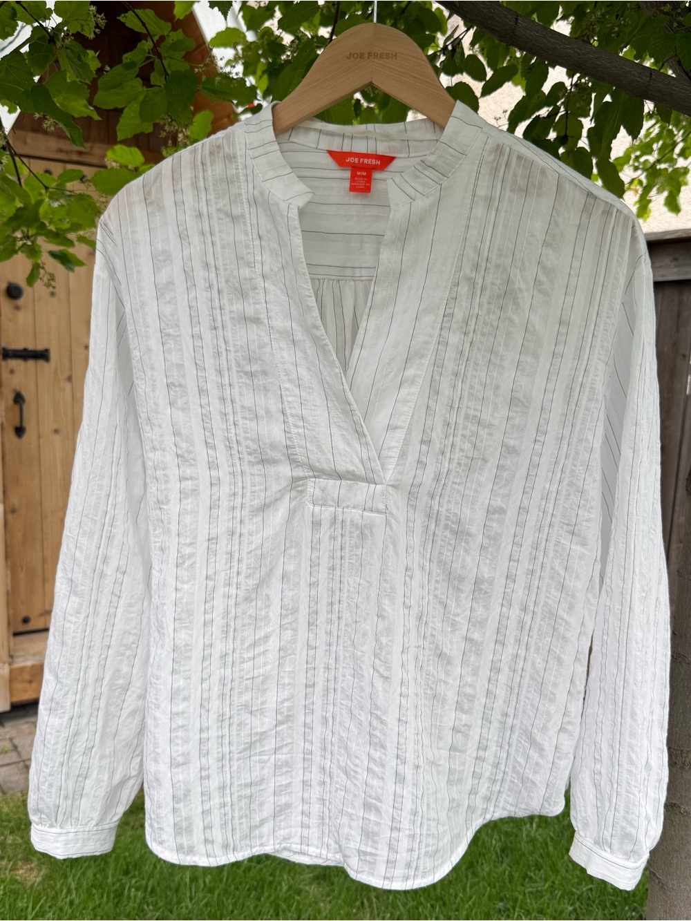 Joe Fresh Top White Pintuck V-Neck Tunic Blouse Size Medium